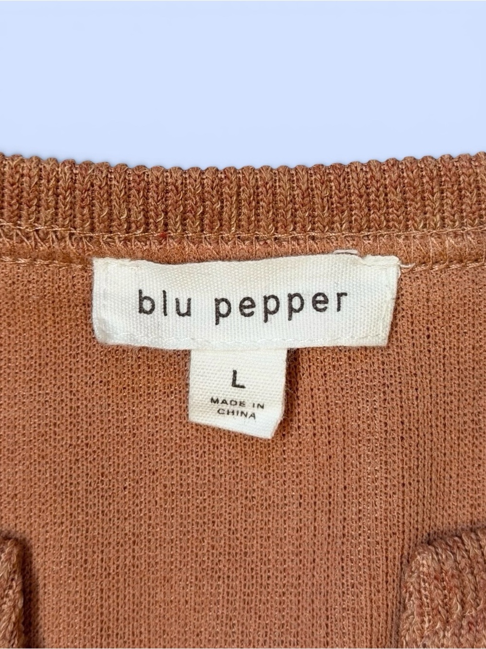 Blu Pepper Terracotta Ribbed Knit Notched V-Neck Top Pullover Sweater Size L - Picture 3 of 13